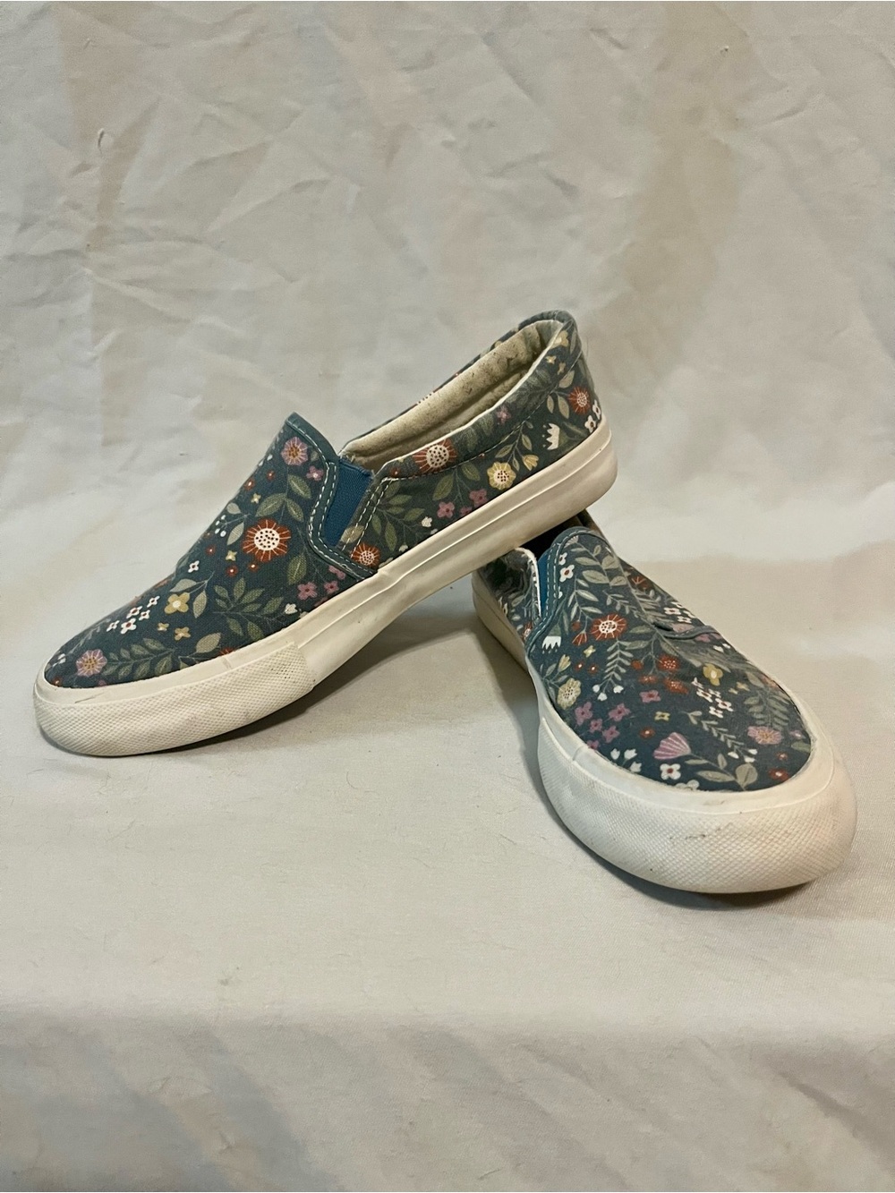 Serra Blue Slip Ons with Floral Design